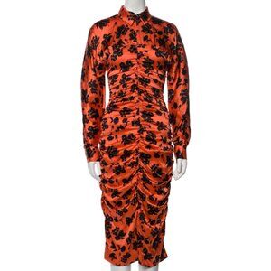 Ganni Silk Floral Bodycon Ruched Midi Dress Size S Orange‎ Black Long Sleeve
